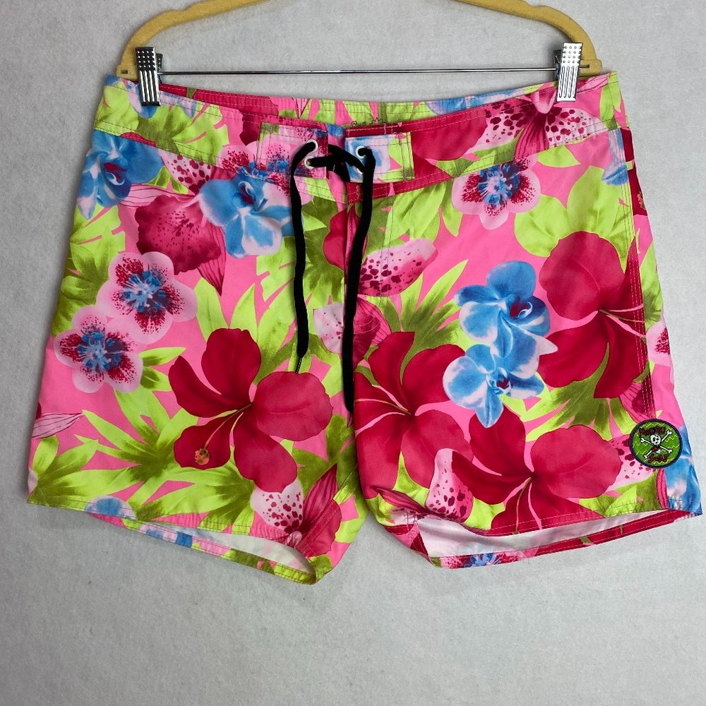 Mowgli 5" Swimming Trunks Floral Hawaiian Pattern Pink‎ Drawstring Waist Size 36
